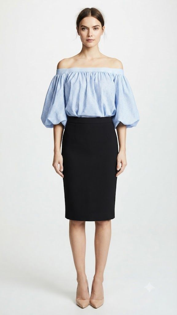 Blue Gingham Puff-Sleeve Off-the-Shoulder Top